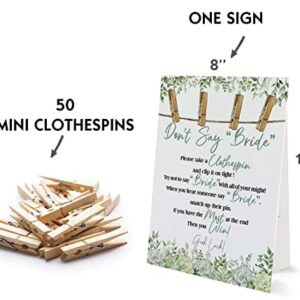 Don't Say Bride Sign,Bride Shower Clothespin Game，Includes a 8x11 Standing Sign and 50 Mini Natural Clothespins - BIG005