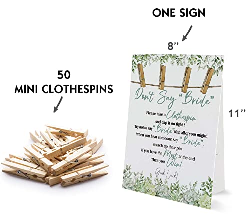 Don't Say Bride Sign,Bride Shower Clothespin Game，Includes a 8x11 Standing Sign and 50 Mini Natural Clothespins - BIG005