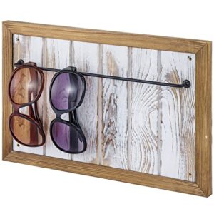 mygift wall mounted sunglasses holder with natural wooden frame whitewashed wood and black metal storage rail, eyewear display organizer rack
