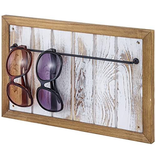 MyGift Wall Mounted Sunglasses Holder with Natural Wooden Frame Whitewashed Wood and Black Metal Storage Rail, Eyewear Display Organizer Rack