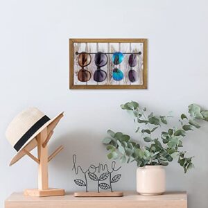 MyGift Wall Mounted Sunglasses Holder with Natural Wooden Frame Whitewashed Wood and Black Metal Storage Rail, Eyewear Display Organizer Rack