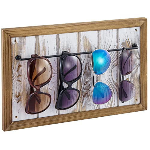 MyGift Wall Mounted Sunglasses Holder with Natural Wooden Frame Whitewashed Wood and Black Metal Storage Rail, Eyewear Display Organizer Rack