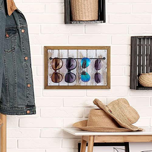 MyGift Wall Mounted Sunglasses Holder with Natural Wooden Frame Whitewashed Wood and Black Metal Storage Rail, Eyewear Display Organizer Rack