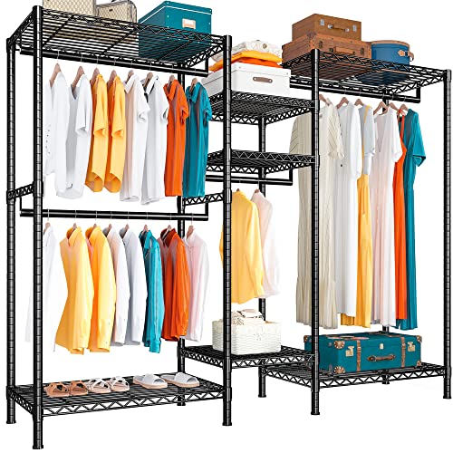 Raybee Clothes Rack Heavy Duty Clothing Racks for Hanging Clothes 720 LBS Metal Clothing Rack with Shelves Adjustable Clothes Racks for Hanging Clothes Large Garment Rack Black 71" W x 14" D x 77" H