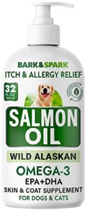 bark&spark salmon oil for dogs & cats - natural omega-3 fish oil for dogs - skin & coat support - liquid food supplement for pets - epa+dha fatty acids for joint function, immune & heart health 32oz