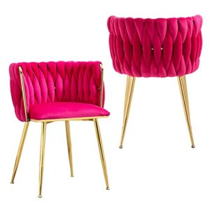 nioiikit modern velvet dining chairs set of 2 hand weaving accent upholstered side chair with golden metal legs for dining room kitchen vanity living room (rosered)