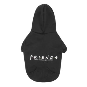 friends the tv show wb friends dog hoodie, black with friends logo, size medium with hood and pocket for treats or waste bags | friends show pet products| pet clothes for friends lovers (ff20719)