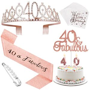 gaciban 40th birthday decorations women, 40th birthday sash and tiara crown, cake toppers, birthday candles, napkins sett, happy 40th birthday gifts for women (rose gold)