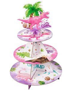 watercolor dinosaur cupcake stand - dinosaur party decorations for girls reusable 3-tier cardboard cupcake stand holder round dessert tower tray dino theme birthday baby shower party supplies