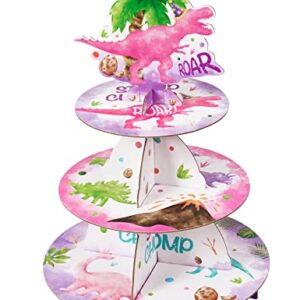 Watercolor Dinosaur Cupcake Stand - Dinosaur Party Decorations for Girls Reusable 3-Tier Cardboard Cupcake Stand Holder Round Dessert Tower Tray Dino Theme Birthday Baby Shower Party Supplies