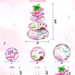 Watercolor Dinosaur Cupcake Stand - Dinosaur Party Decorations for Girls Reusable 3-Tier Cardboard Cupcake Stand Holder Round Dessert Tower Tray Dino Theme Birthday Baby Shower Party Supplies