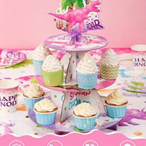 Watercolor Dinosaur Cupcake Stand - Dinosaur Party Decorations for Girls Reusable 3-Tier Cardboard Cupcake Stand Holder Round Dessert Tower Tray Dino Theme Birthday Baby Shower Party Supplies