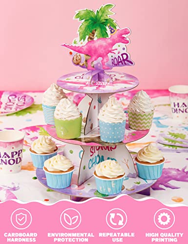 Watercolor Dinosaur Cupcake Stand - Dinosaur Party Decorations for Girls Reusable 3-Tier Cardboard Cupcake Stand Holder Round Dessert Tower Tray Dino Theme Birthday Baby Shower Party Supplies