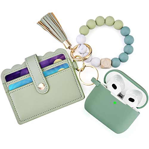 Case for Airpods 3rd Generation (2021), Filoto Cute Apple Airpod 3 Case Cover for Women Girls, Silicone Case with Wristlet Bracelet Keychain Credit Card Holder Purse Accessories (Cactus Green)