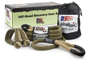 bubba rope heavy-duty off-road vehicle tow recovery gear set renegade power stretch recovery rope, 3/4” x 20’ & nexgen pro gator-jaw synthetic shackles, 3/8” x 6.5” - desert tan