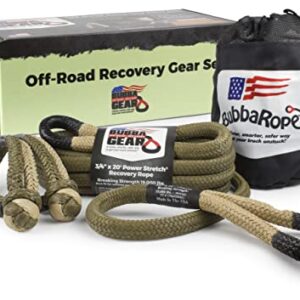 Bubba Rope Heavy-Duty Off-Road Vehicle Tow Recovery Gear Set Renegade Power Stretch Recovery Rope, 3/4” x 20’ & NexGen PRO Gator-Jaw Synthetic Shackles, 3/8” x 6.5” - Desert Tan