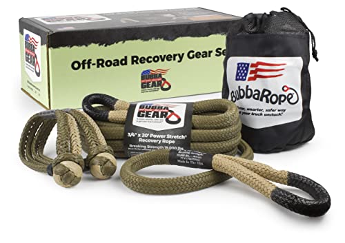 Bubba Rope Heavy-Duty Off-Road Vehicle Tow Recovery Gear Set Renegade Power Stretch Recovery Rope, 3/4” x 20’ & NexGen PRO Gator-Jaw Synthetic Shackles, 3/8” x 6.5” - Desert Tan