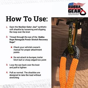 Bubba Rope Heavy-Duty Off-Road Vehicle Tow Recovery Gear Set Renegade Power Stretch Recovery Rope, 3/4” x 20’ & NexGen PRO Gator-Jaw Synthetic Shackles, 3/8” x 6.5” - Desert Tan