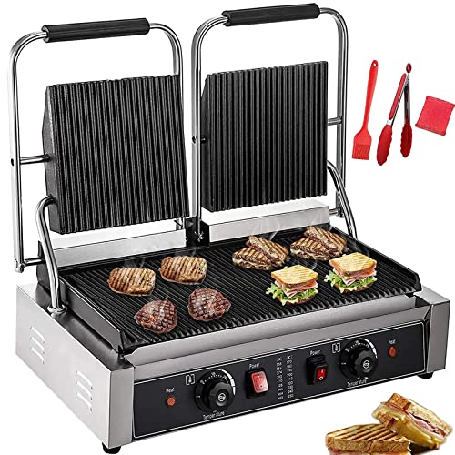 Commercial Sandwich Panini Press,110V 3600W Countertop Panini Grill,Non-Stick Full Grooved Plates Panini Press Grill,Temperature Control 122°F-572°F Electric Sandwich Maker for Hamburgers Steaks