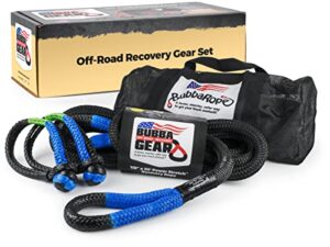 bubba rope off-road truck recovery gear set – heavy-duty vehicle tow kit: power stretch recovery rope, 7/8” x 20’ - nexgen pro gator-jaw synthetic shackles, 3/8” x 6.5” - blue