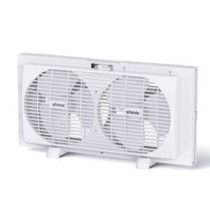 shinic 9 inch twin window fan reversible airflow control, 2 speeds window exhaust fan with auto-locking expenders and foldable handle, etl listed, household window fan fits 22"-33" ​window