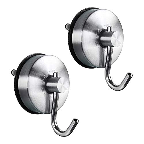 JOMOLA Suction Cup Hook Powerful Kitchen Utensil Storage Organizer Removable Shower Hooks with Suction Cup Holder for Bathroom Towel Hanger Stainless Steel Brushed Finish, 2PCS