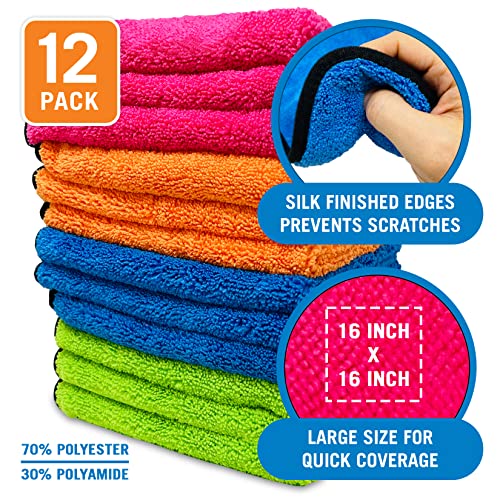 12 Pack Microfiber Cloth Kit Boat and Auto Microfiber Cleaning Cloth for Cars, Boats, House Lint Free Microfiber Cleaning Cloth Microfiber Towel Bulk Set Thick Large Cloths