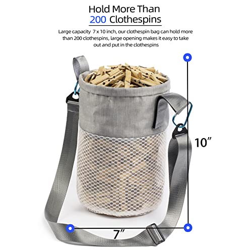 KOOZTI Mesh Clothespin Bag for Clothesline Outdoor, Clothes Pin Bag with Shoulder Straps, Drawstring Closure, Ventilated and Moisture Resistant, Large Capacity Laundry Clothespin Storage Bag with Hook