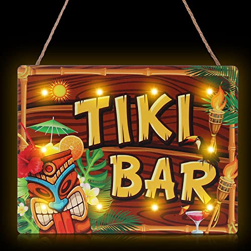 Tiki Bar Sign Hawaiian Luau Party Decoration Supplies Wooden LED Light Tiki Bar Plaque for Aloha Hawaii Luau Tropical Birthday Party Tiki Decorations Tiki Totem Hut Hanging Sign for Home Bar Kitchen