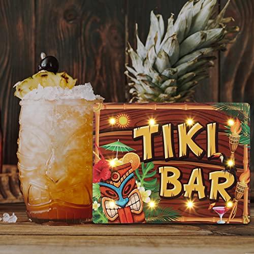 Tiki Bar Sign Hawaiian Luau Party Decoration Supplies Wooden LED Light Tiki Bar Plaque for Aloha Hawaii Luau Tropical Birthday Party Tiki Decorations Tiki Totem Hut Hanging Sign for Home Bar Kitchen