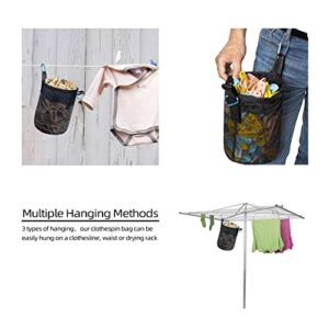 KOOZTI Mesh Clothespin Bag Holder Outside, Multiple Hanging Methods Clothes Pin Bag with Drawstring Closure, Ventilation and Moisture Resistance, Large-Capacity Clothespin Storage Organizer with Hooks