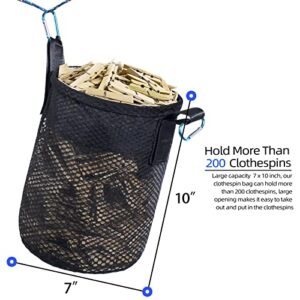 KOOZTI Mesh Clothespin Bag Holder Outside, Multiple Hanging Methods Clothes Pin Bag with Drawstring Closure, Ventilation and Moisture Resistance, Large-Capacity Clothespin Storage Organizer with Hooks