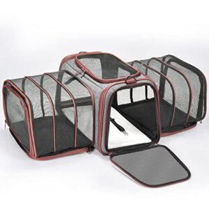expandable cat carrier, pet carrier airline approved 2 sides expandable pet carrier with removable fleece pad, large cat carrier tsa approved pet carrier for cats dogs and small animals - grey