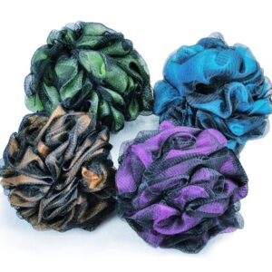 lifbeautiful bathing ball,set of four, xxl-75g，super large size,towel gourd,strong exfoliation， four colors,delicate foam，four hooks are accompanied，loofah, blue,yellow,purple,green, 6×6×6 inch