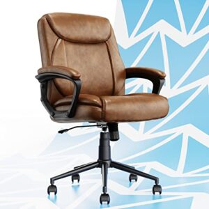 click365 transform 1.0 extra comfort ergonomic mid back desk chair, with padded armrests, adjustable-height, tilt, lumbar support, bonded leather, cognac