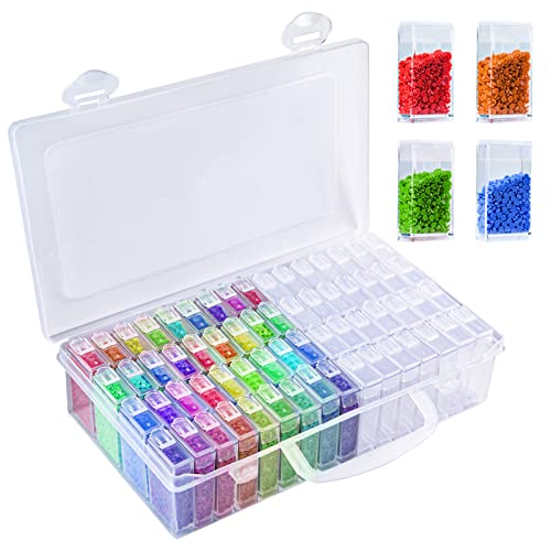 Diamond Painting Storage Containers, 64 Slots Bead Storage Containers with 140pcs Label for Diamond Art Organizer, Bead and Seed Storage Box (64 Grids)