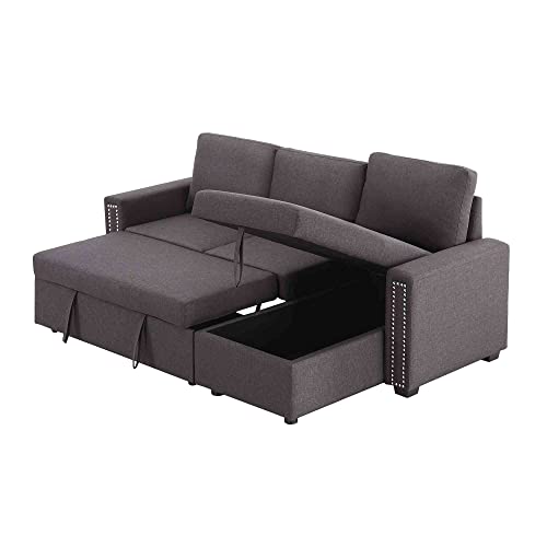 Tulib Reversible Sectional Sleeper Sofa with Storage Chaise, L-Shape 3 Seat Velvet Corner Couch with Pulled Out Bed, for Living Room, Office, 83 Dark Gray