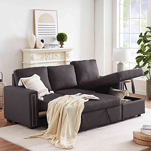 Tulib Reversible Sectional Sleeper Sofa with Storage Chaise, L-Shape 3 Seat Velvet Corner Couch with Pulled Out Bed, for Living Room, Office, 83 Dark Gray