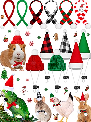 12 Pieces Christmas Guinea Pig Costume Chicken Hat Scarf Set Xmas Hat and Scarf Rabbit Christmas Clothes Festival Small Animal Outfits for Hen Duck Hamster Guinea Pig Kitten Puppy Parrot