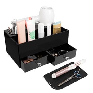 keep-it-sleek hair tool organizer with 2 drawers & a silicone mat, black acrylic blow dryer holder for bathroom, countertop, & vanity with 3 heatproof steel cups