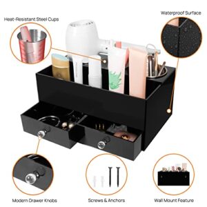 Keep-IT-Sleek Hair Tool Organizer with 2 Drawers & a Silicone Mat, Black Acrylic Blow Dryer Holder for Bathroom, Countertop, & Vanity with 3 Heatproof Steel Cups