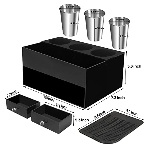 Keep-IT-Sleek Hair Tool Organizer with 2 Drawers & a Silicone Mat, Black Acrylic Blow Dryer Holder for Bathroom, Countertop, & Vanity with 3 Heatproof Steel Cups