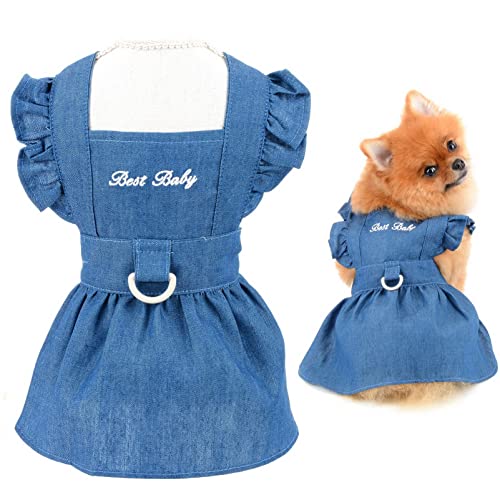 SMALLLEE_LUCKY_STORE Dog Denim Harness Dress, Ruffles Puppy Princess Dress for Small Medium Dog Cat Girls Adjustable Pet Jean Skirt with D-Ring Female Dog Clothes Summer Apparel,Dark Blue,XS