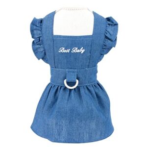 SMALLLEE_LUCKY_STORE Dog Denim Harness Dress, Ruffles Puppy Princess Dress for Small Medium Dog Cat Girls Adjustable Pet Jean Skirt with D-Ring Female Dog Clothes Summer Apparel,Dark Blue,XS