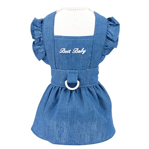 SMALLLEE_LUCKY_STORE Dog Denim Harness Dress, Ruffles Puppy Princess Dress for Small Medium Dog Cat Girls Adjustable Pet Jean Skirt with D-Ring Female Dog Clothes Summer Apparel,Dark Blue,XS