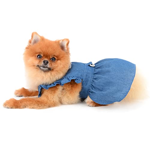 SMALLLEE_LUCKY_STORE Dog Denim Harness Dress, Ruffles Puppy Princess Dress for Small Medium Dog Cat Girls Adjustable Pet Jean Skirt with D-Ring Female Dog Clothes Summer Apparel,Dark Blue,XS