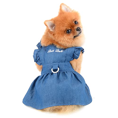 SMALLLEE_LUCKY_STORE Dog Denim Harness Dress, Ruffles Puppy Princess Dress for Small Medium Dog Cat Girls Adjustable Pet Jean Skirt with D-Ring Female Dog Clothes Summer Apparel,Dark Blue,XS