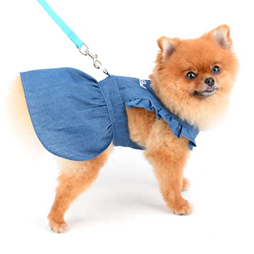 SMALLLEE_LUCKY_STORE Dog Denim Harness Dress, Ruffles Puppy Princess Dress for Small Medium Dog Cat Girls Adjustable Pet Jean Skirt with D-Ring Female Dog Clothes Summer Apparel,Dark Blue,XS