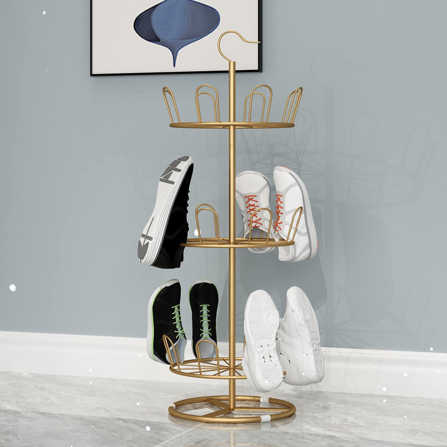 OLDRAINBOW Revolving Shoe Rack Iron Shoe Tree Rack,Standing Circular Shoe Rack Rotating Shoe Rack,Spinning Round Shoe Organizer Rack (Gold, 3-Layer)