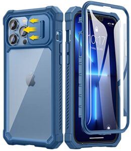 caka for iphone 13 pro max case, iphone 12 pro max phone case with screen protector & slide camera cover heavy duty protection shockproof phone case cover for iphone 13 pro max 12 pro max, blue
